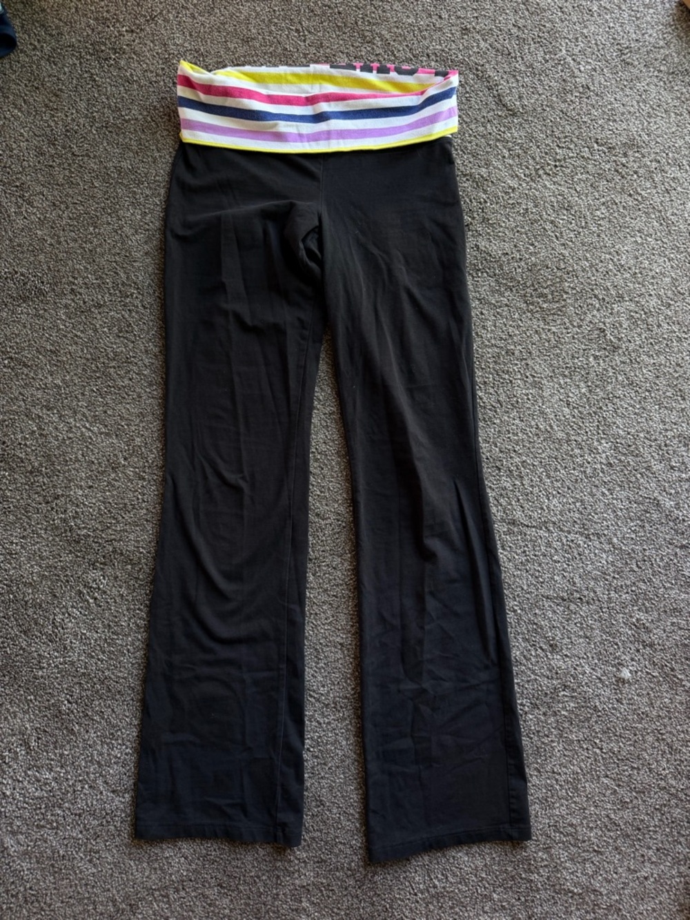 PINK Victoria's Secret Black Leggings with Striped Fold-Over Waistband